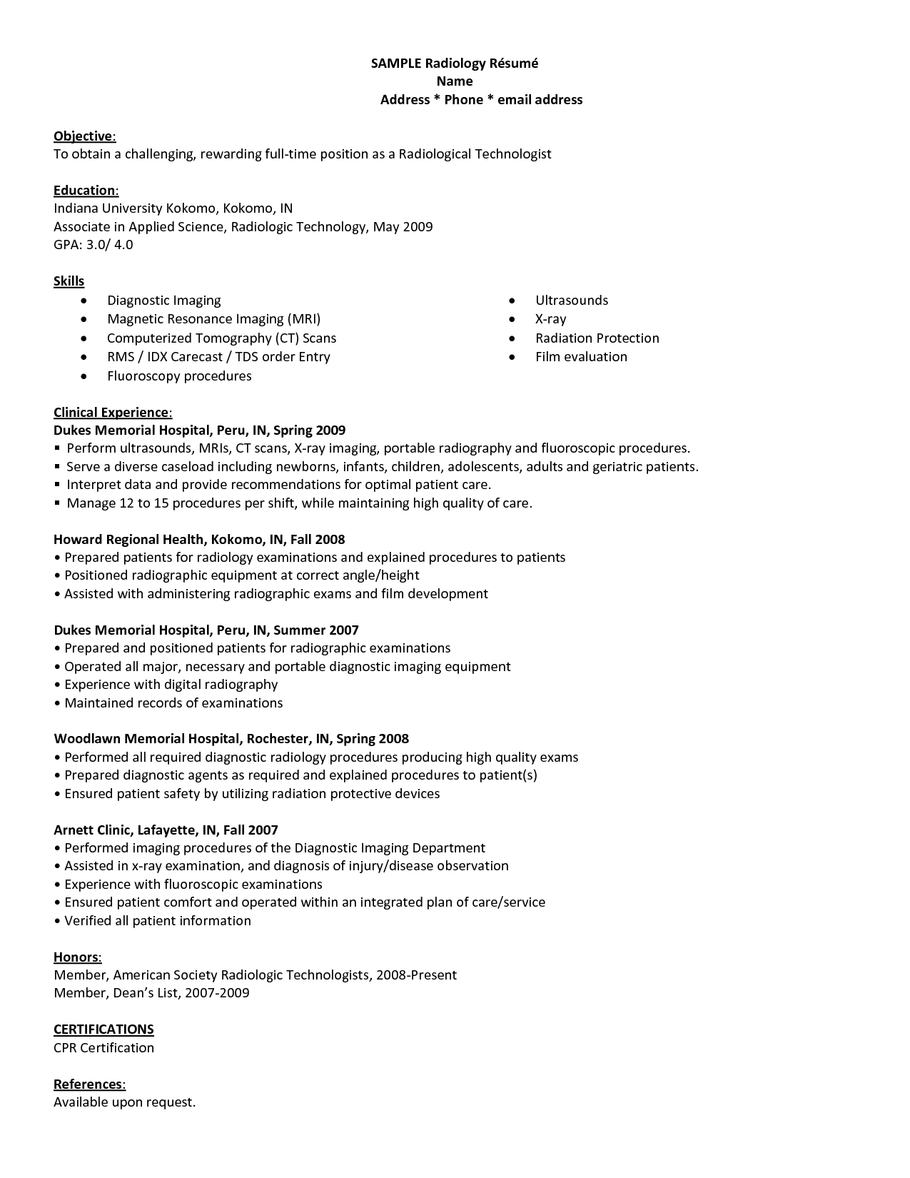 Resume Sample Radiologic Technologist Resume Example For A throughout size 1275 X 1650