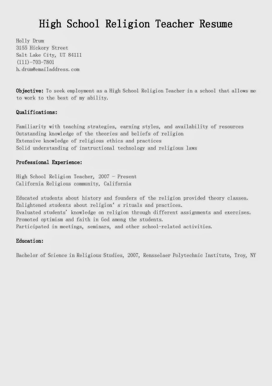 Resume Samples High School Religion Teacher Resume Sample inside measurements 1131 X 1600