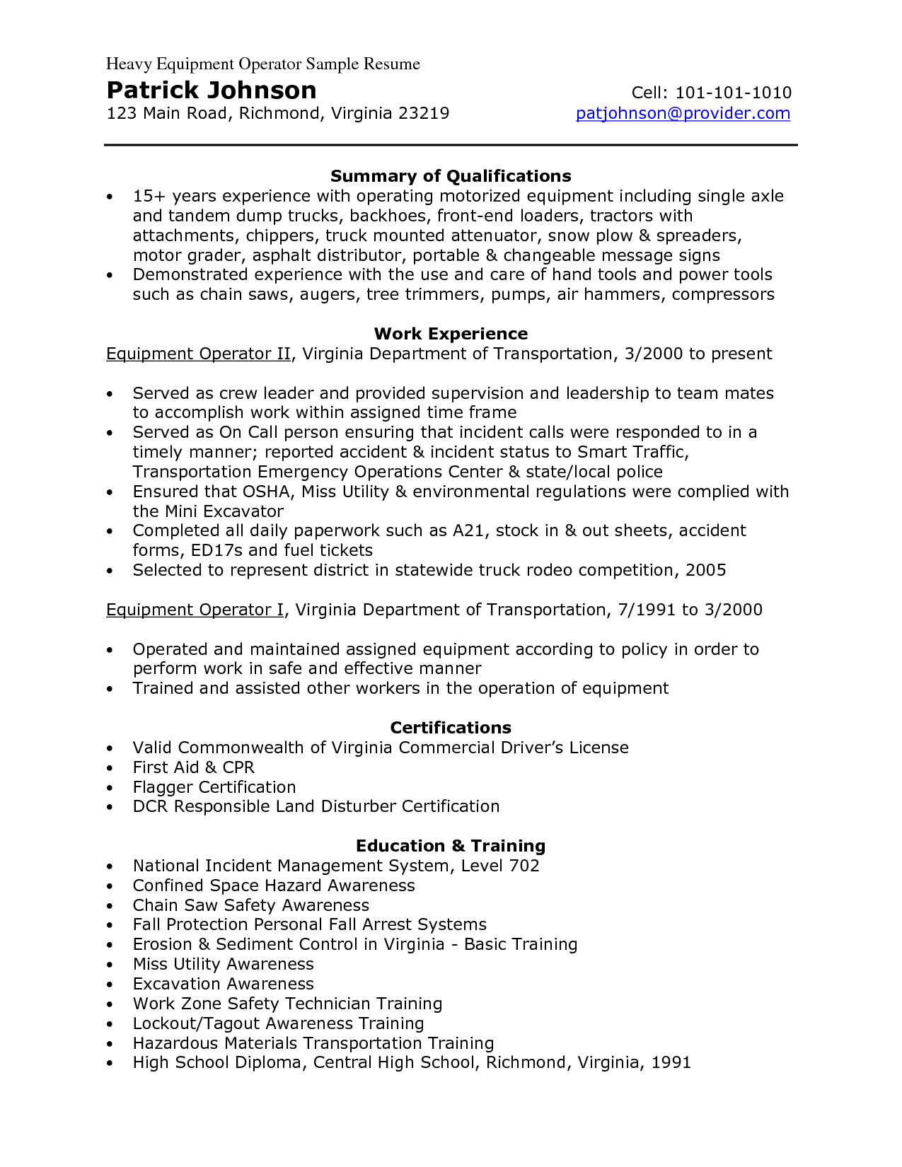 Resumes For Excavators Heavy Equipment Operator Sample intended for sizing 1275 X 1650
