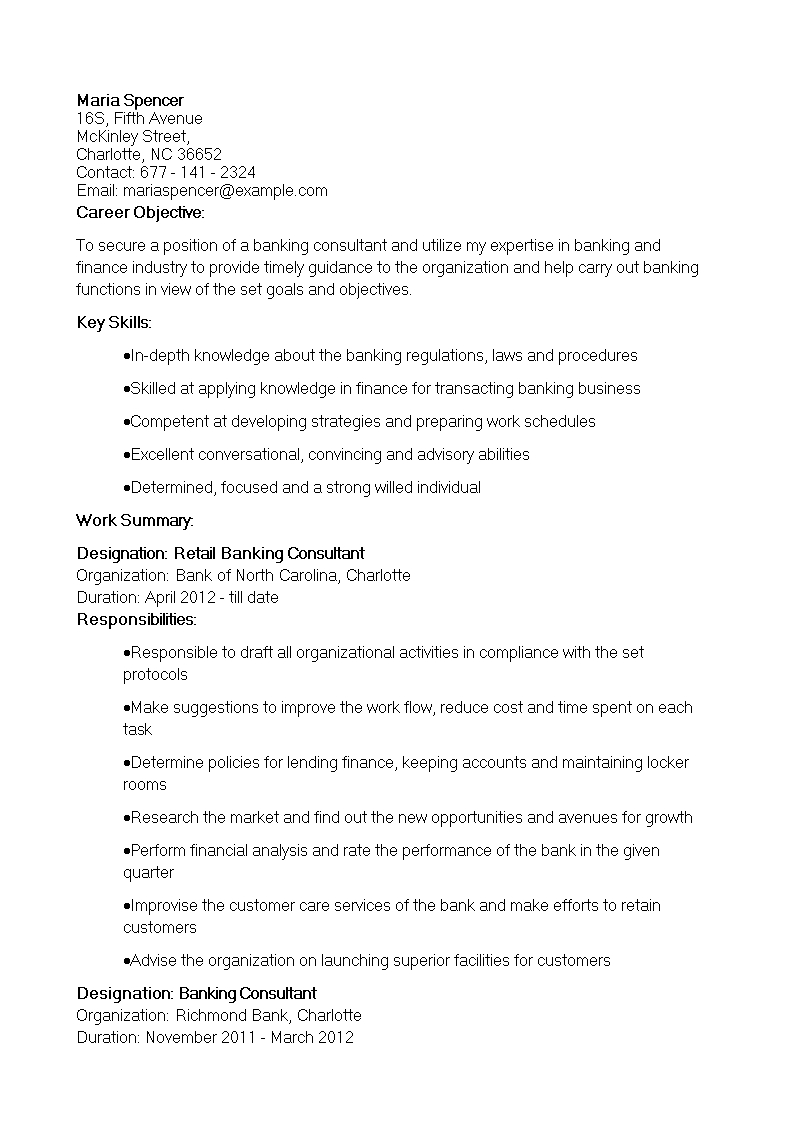 Retail Banking Consultant Resume Templates At pertaining to size 793 X 1122