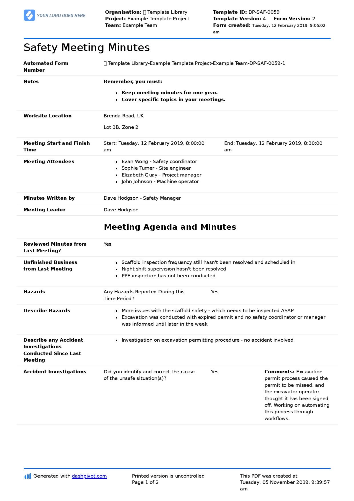 Safety Briefing Template Free For Any Health Safety Briefing within dimensions 1239 X 1754
