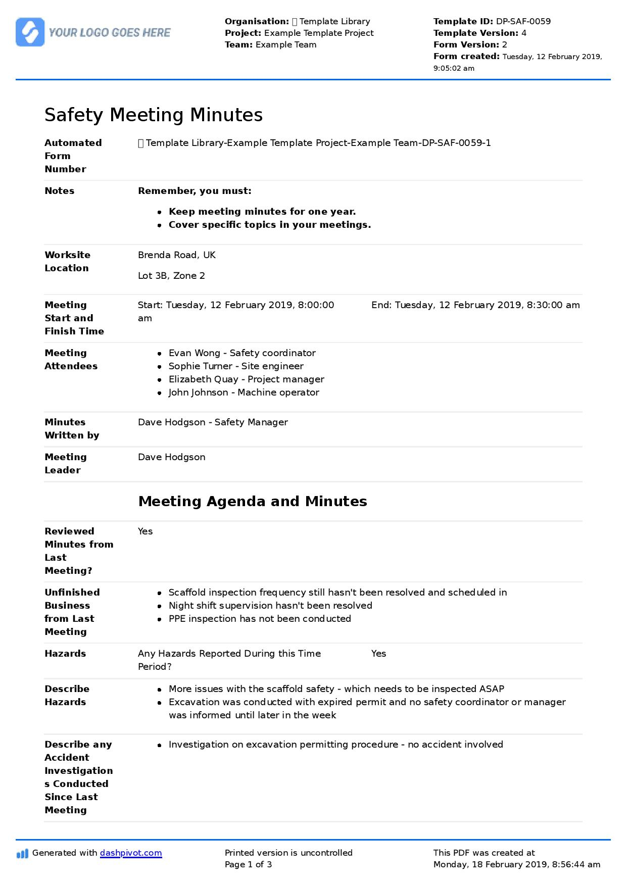 Safety Meeting Minutes Template Debandje for proportions 1239 X 1754