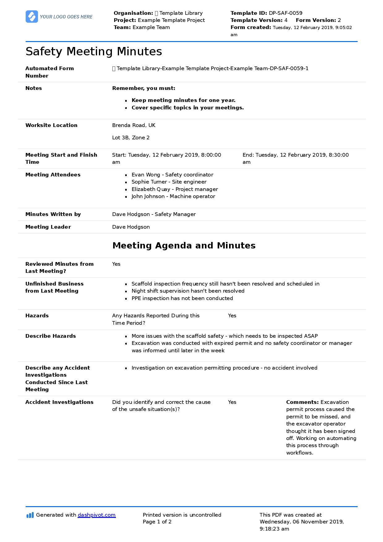 Safety Meeting Template Free To Use Better Than Word with size 1239 X 1754