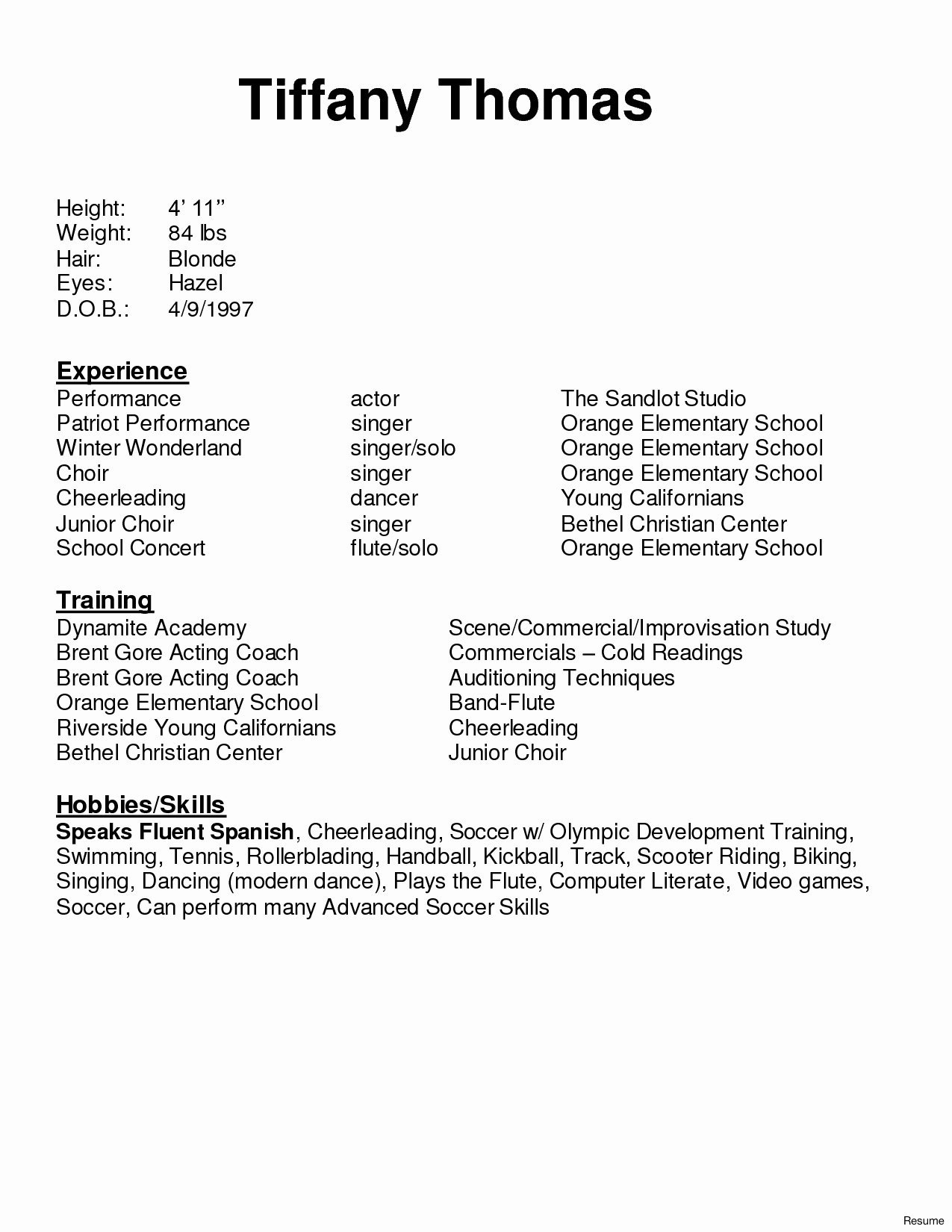 Sample Acting Resume No Experience Menom within size 1275 X 1650