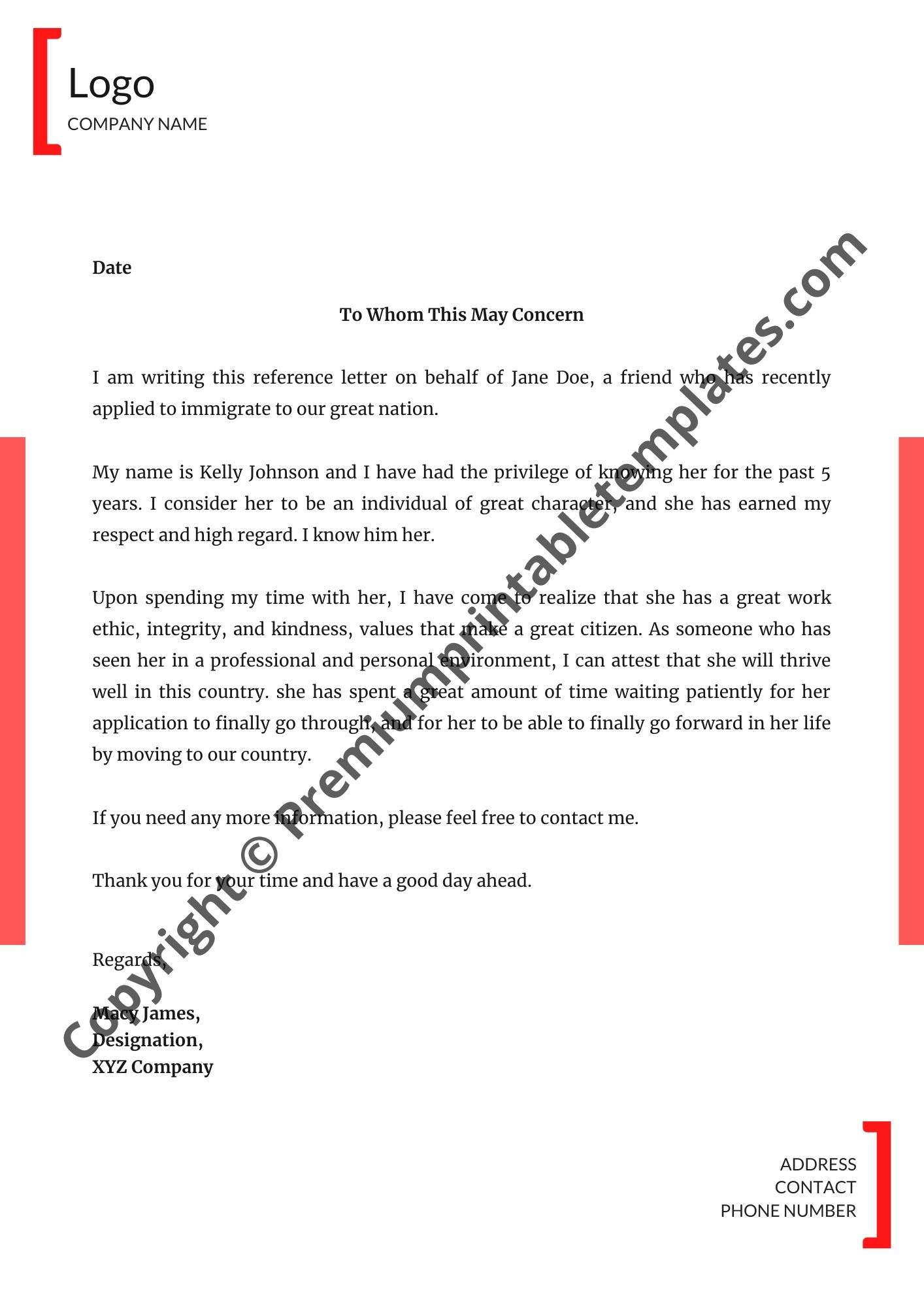 Sample Character Reference Letter Editable within size 1414 X 2000