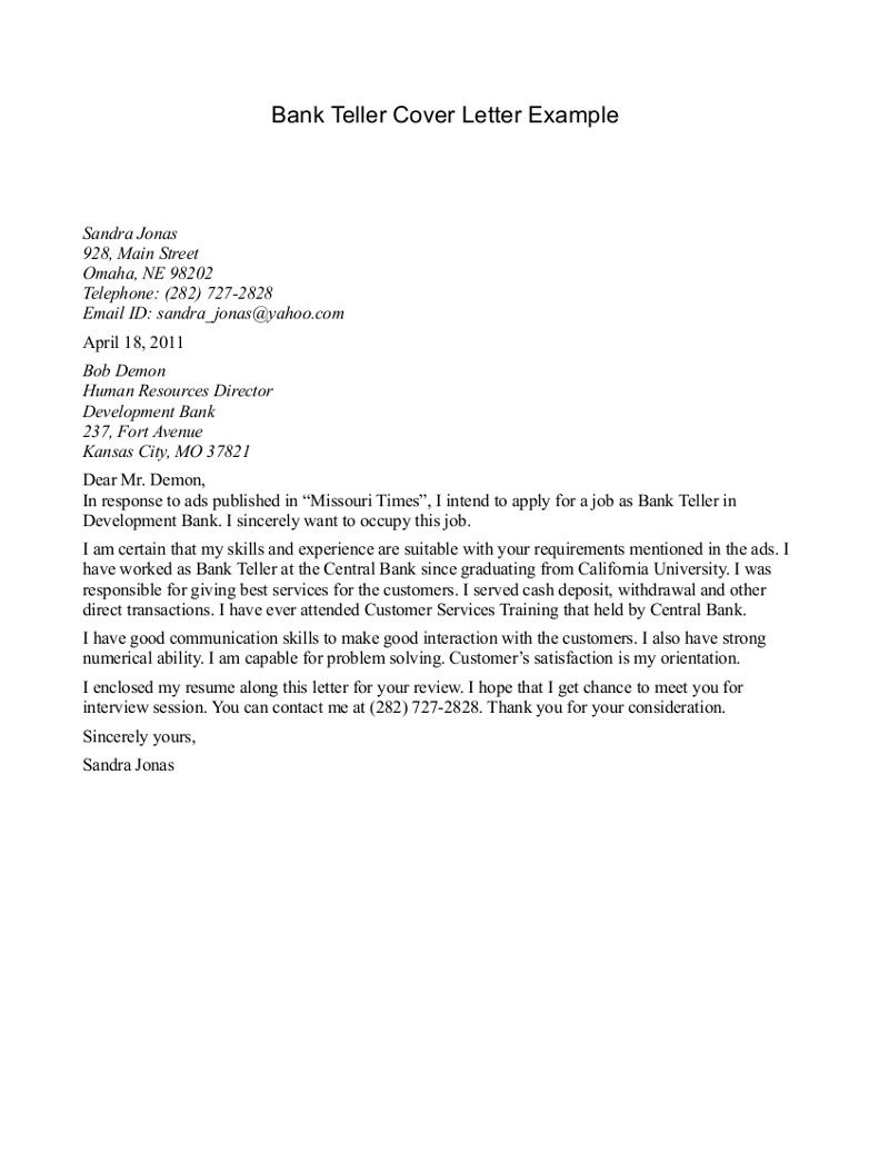 Sample Cover Letter For Bank Teller Enom pertaining to measurements 800 X 1036