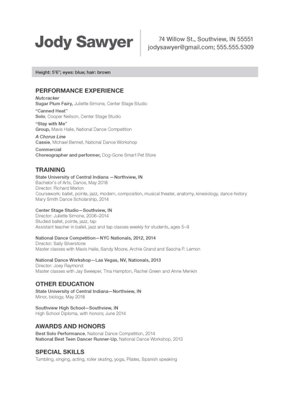 Sample Dance Resume Cover Letter Examples Actor Audition for measurements 980 X 1331