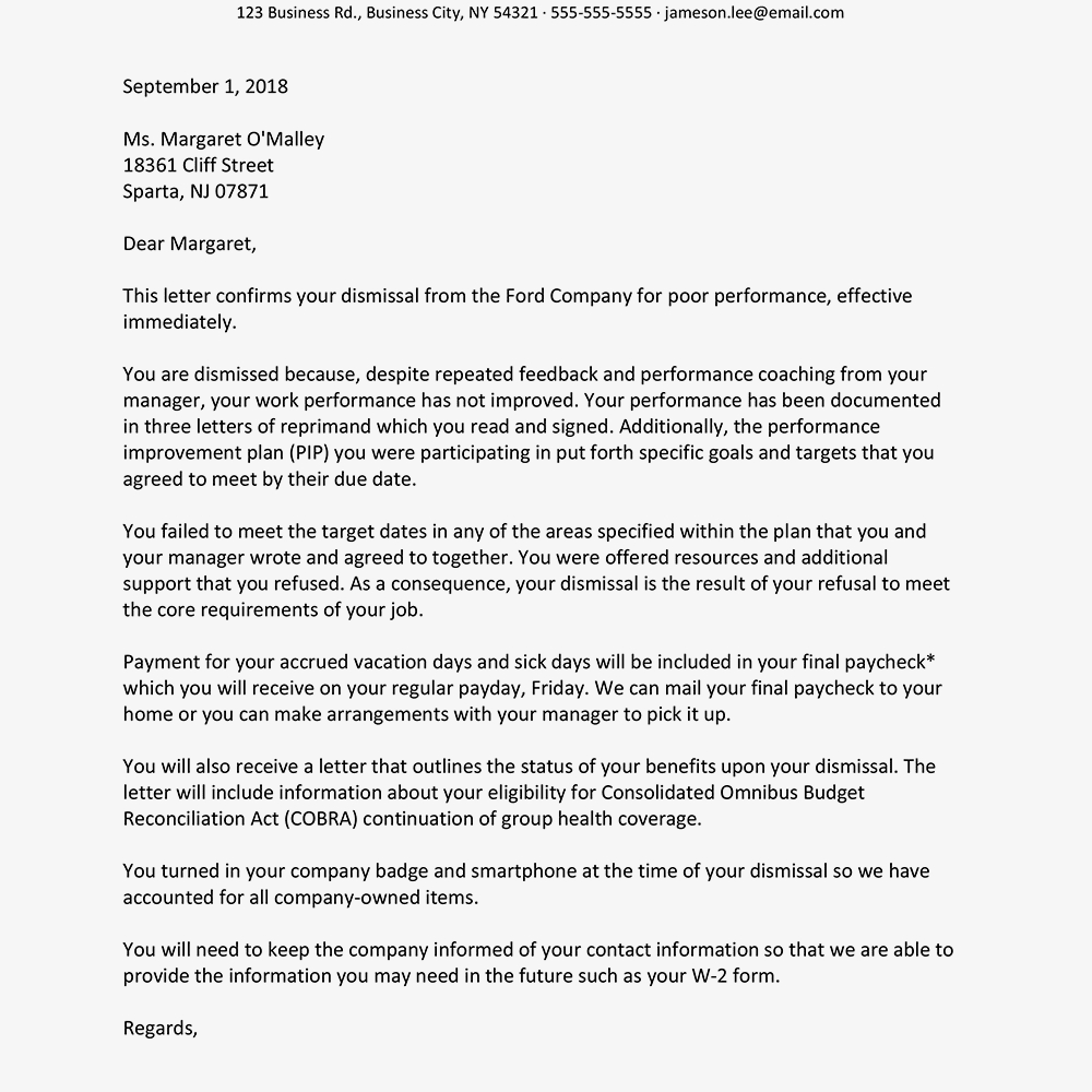 Sample Dismissal Letter For Poor Employee Performance intended for dimensions 1000 X 1000