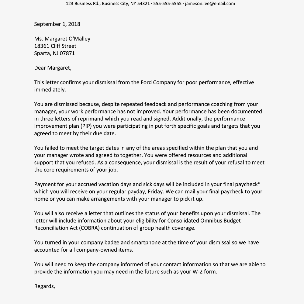 Sample Dismissal Letter For Poor Employee Performance pertaining to dimensions 1000 X 1000