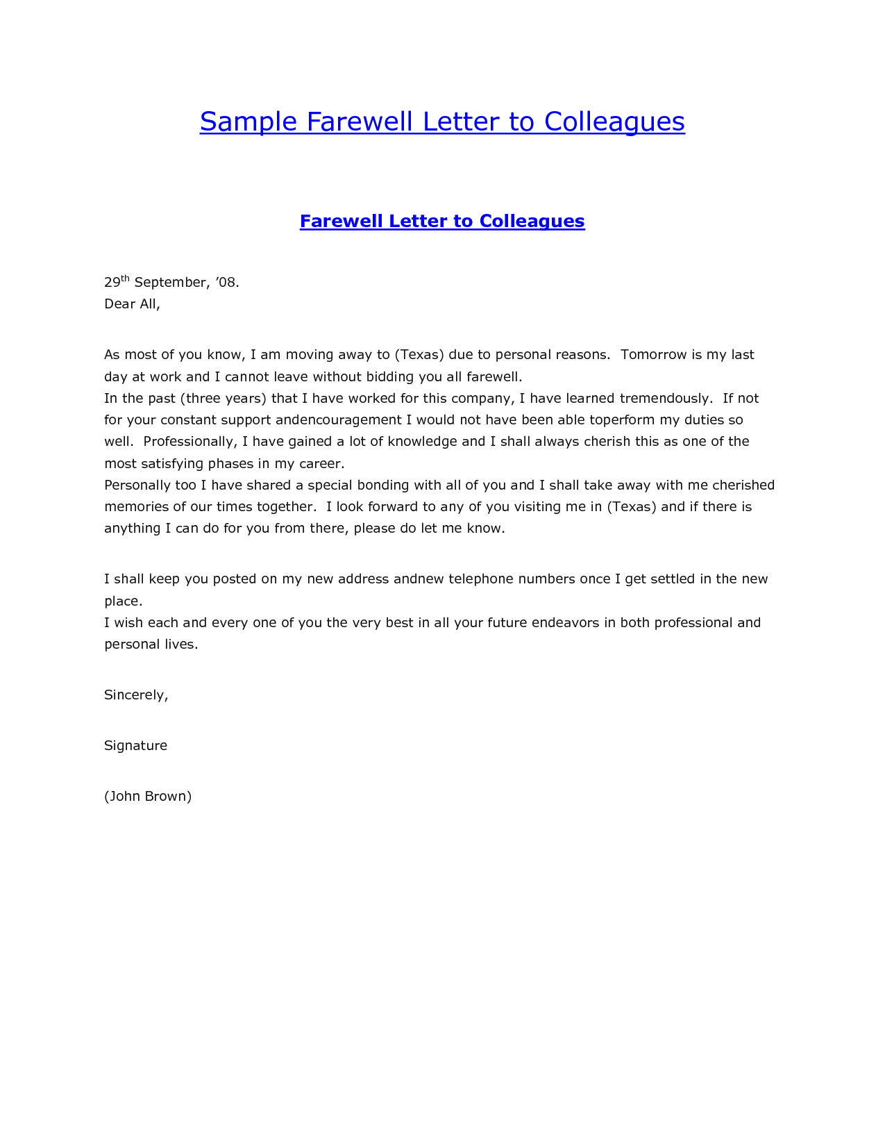 Sample Farewell Letter To Colleaguesgoode Letter Formal inside dimensions 1275 X 1650