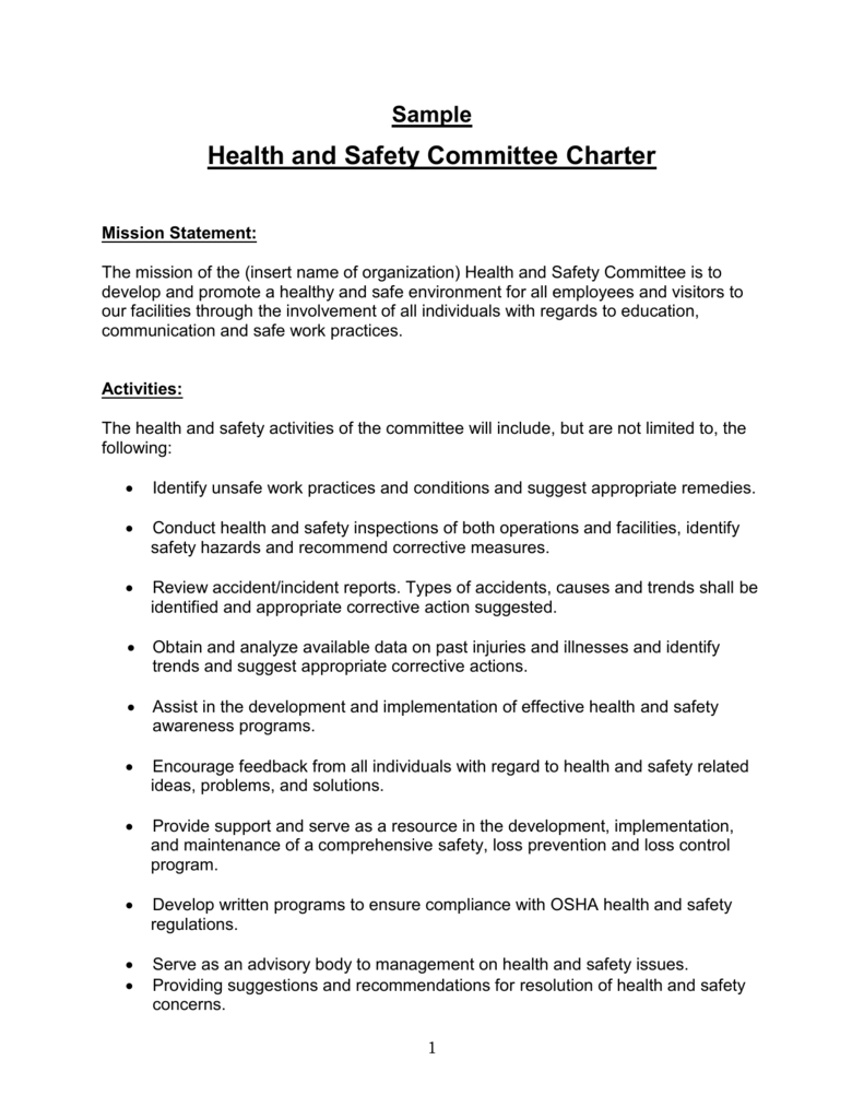 Sample Health And Safety Committee Charter within measurements 791 X 1024