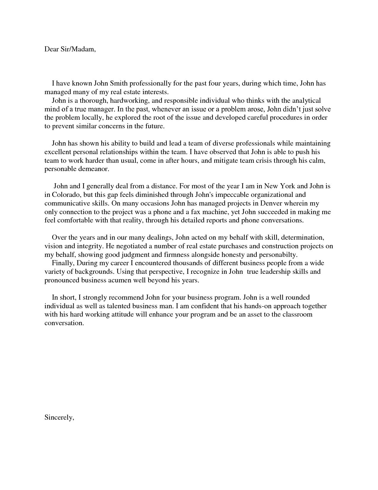 Sample Letter Of Recommendation For Business School Gallery with size 1275 X 1650