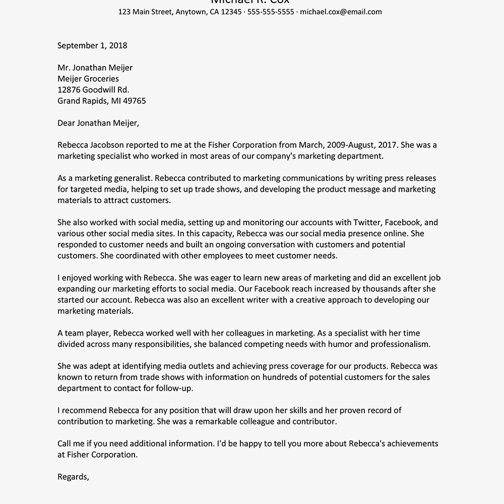 Sample Letter Of Recommendation For Marketing Employee for dimensions 1000 X 1000