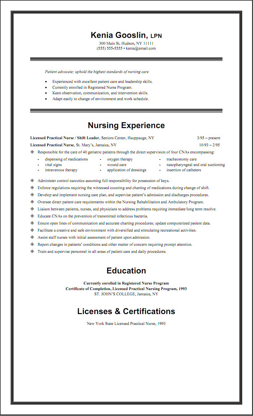 Sample Lpn Resume One Page Lpn Resume Nursing Resume throughout dimensions 821 X 1351