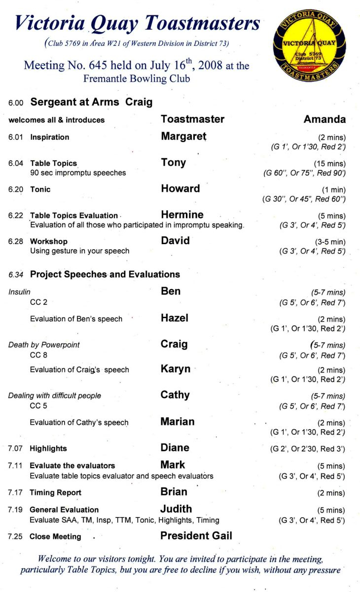 Sample Meeting Agenda Fremantle Toastmasters Vq Public with sizing 730 X 1200