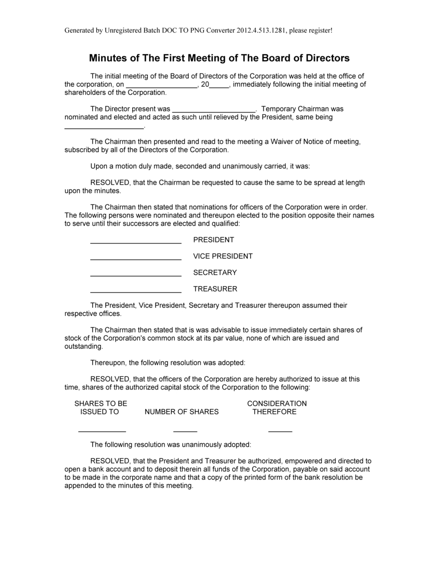 Sample Minutes Of The First Meeting Of The Board Of regarding proportions 865 X 1122