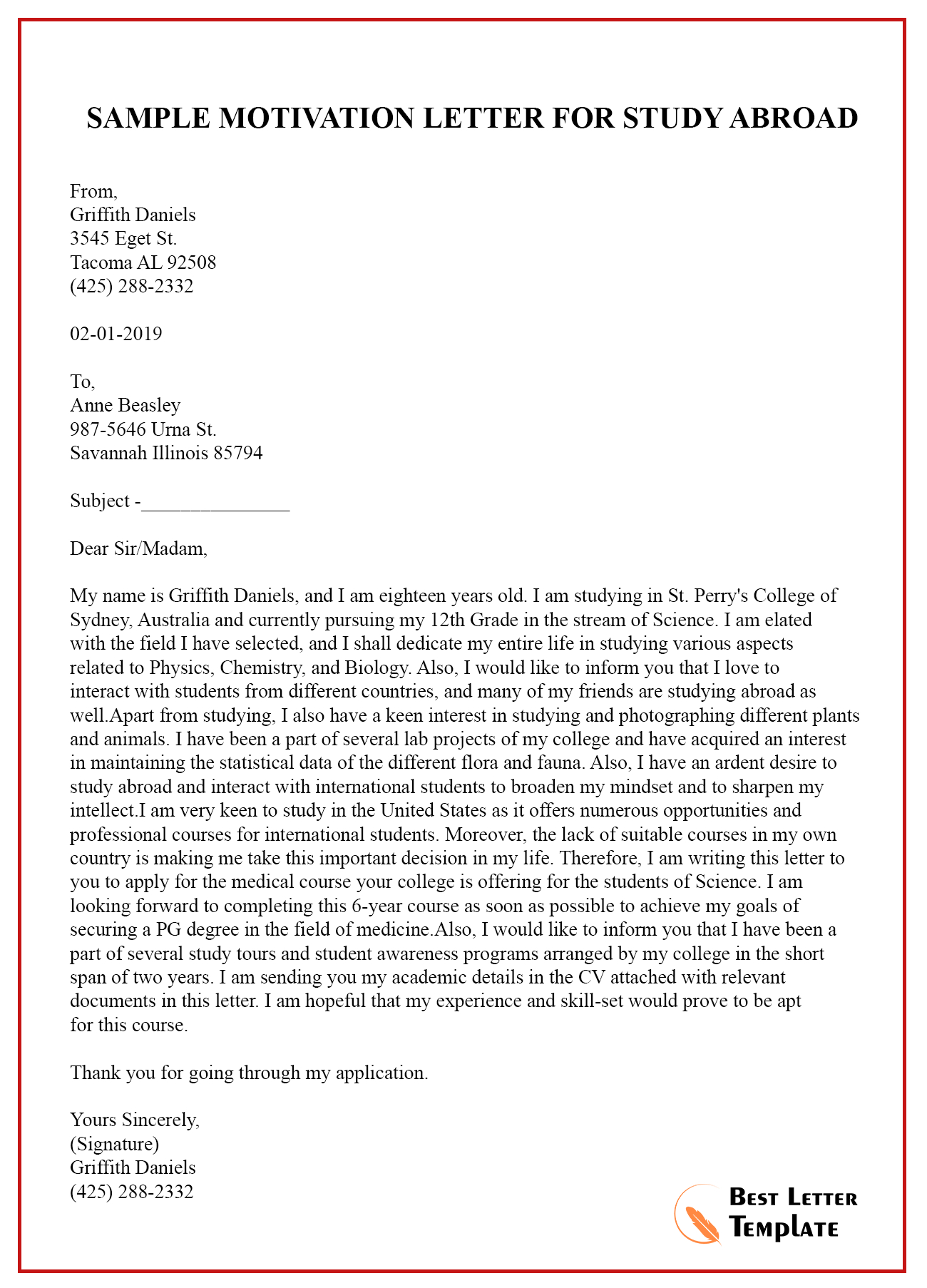Template For Letter Of Recommendation For Study Abroad ...