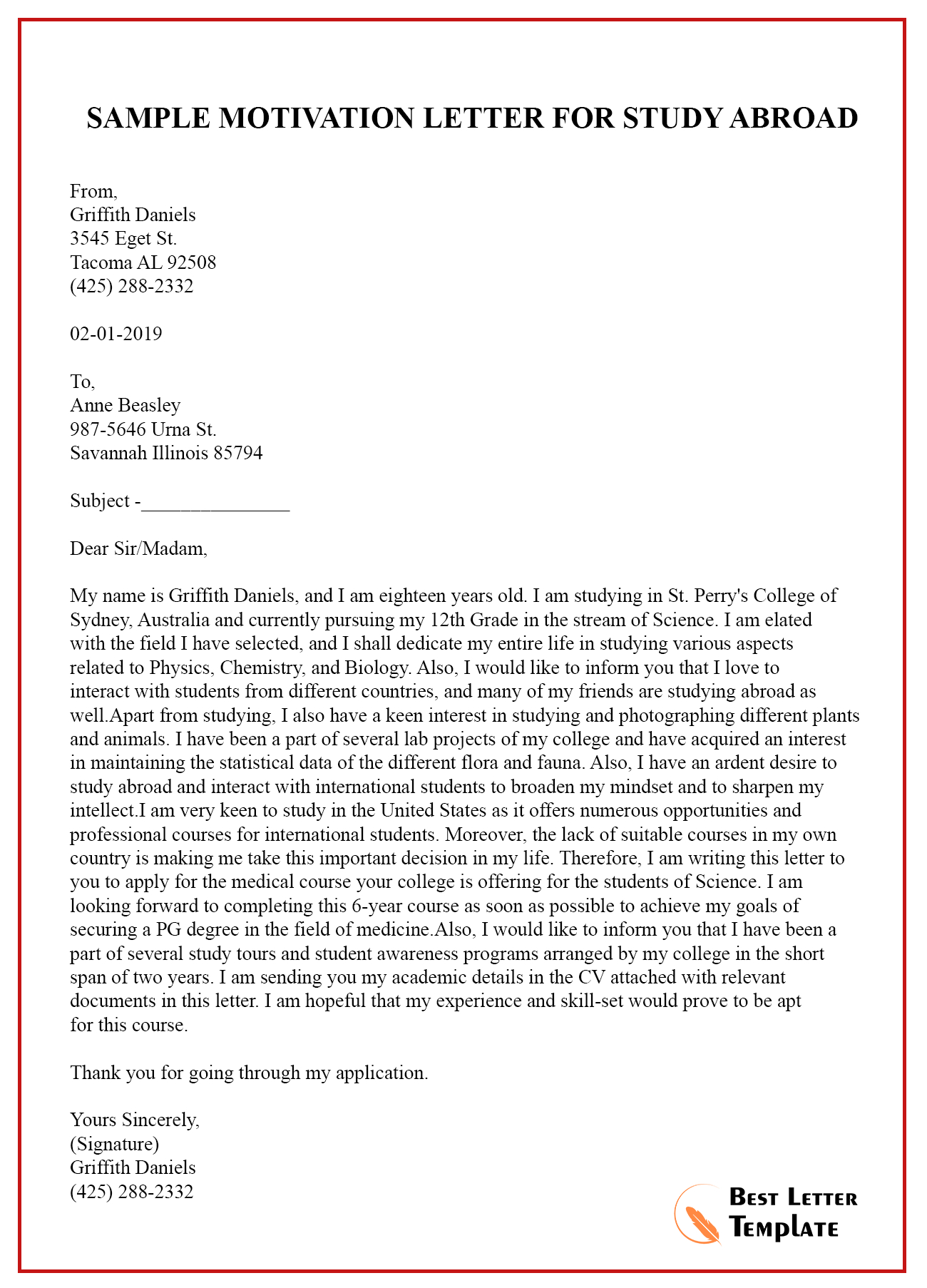 Sample Motivation Letter Template For Study Abroad Pdf Word with regard to size 1300 X 1806