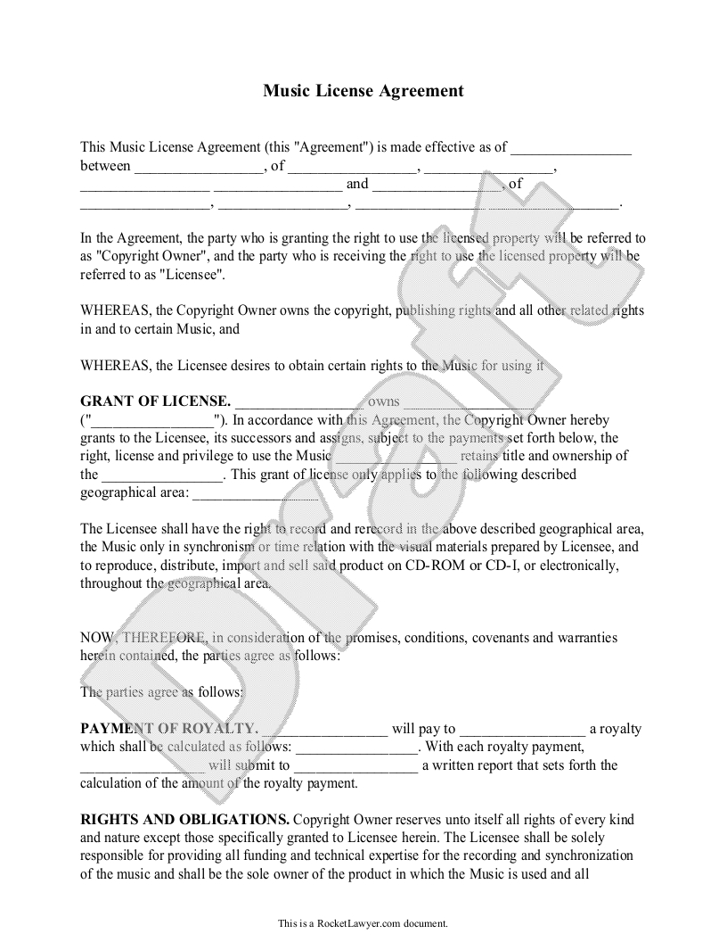 Sample Music License Agreement Form Template Construction with proportions 816 X 1056