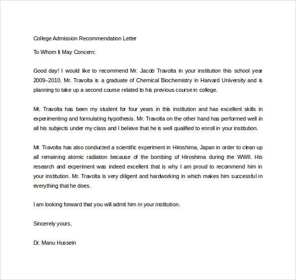 Sample Recommendation Letter For College Admission From in size 585 X 555