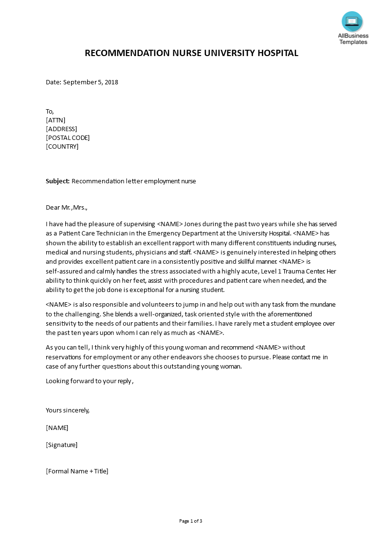 Sample Recommendation Letter For Employment Nurse regarding measurements 793 X 1122