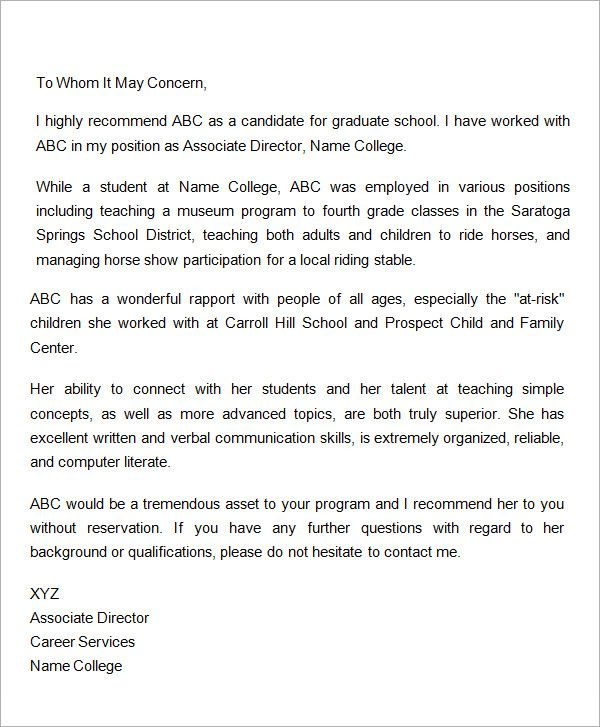 Sample Recommendation Letter For Graduate School From pertaining to size 600 X 727