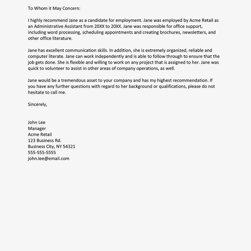 Sample Recommendation Letter From An Employer within dimensions 1000 X 1000