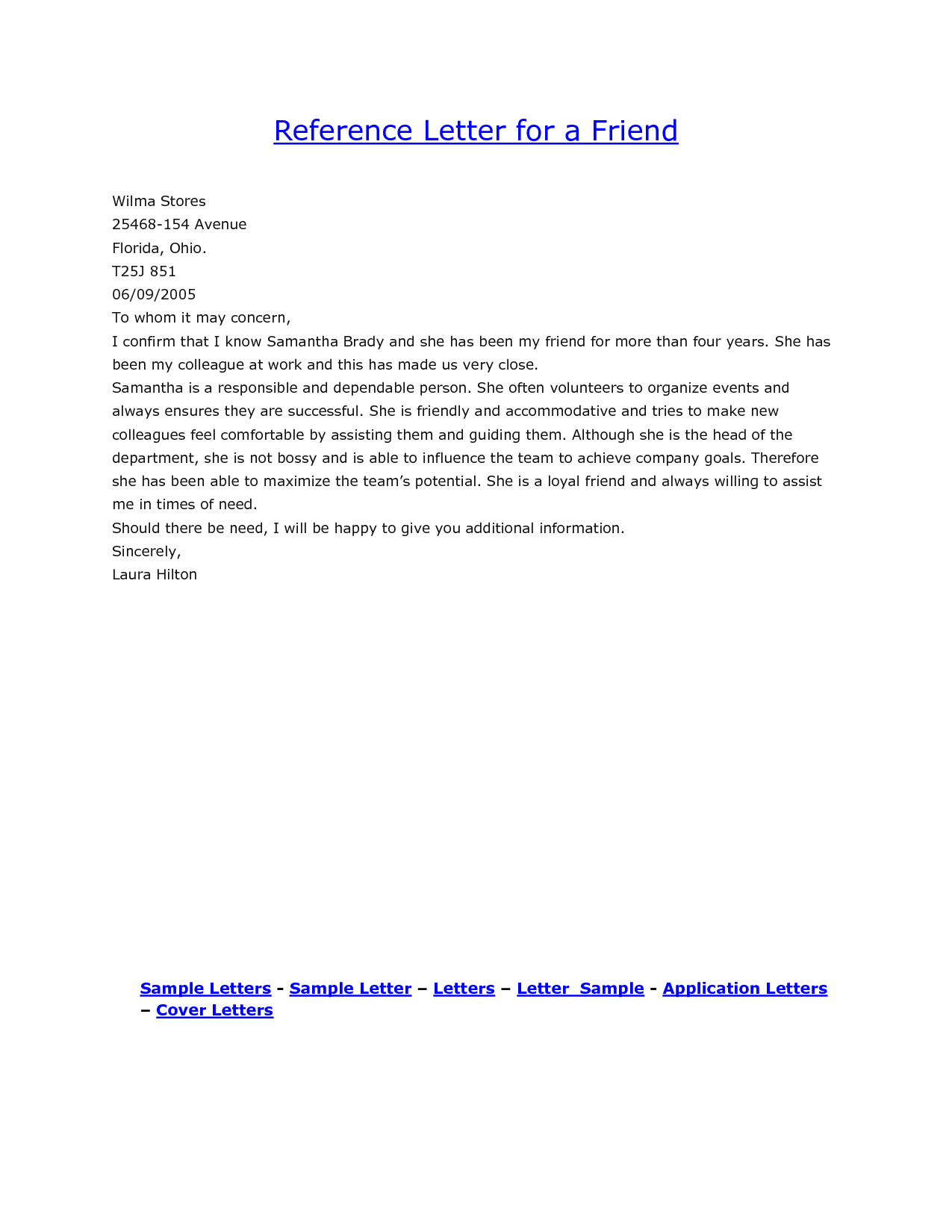 Sample Reference Letter For A Close Friend Cover Letter inside sizing 1275 X 1650