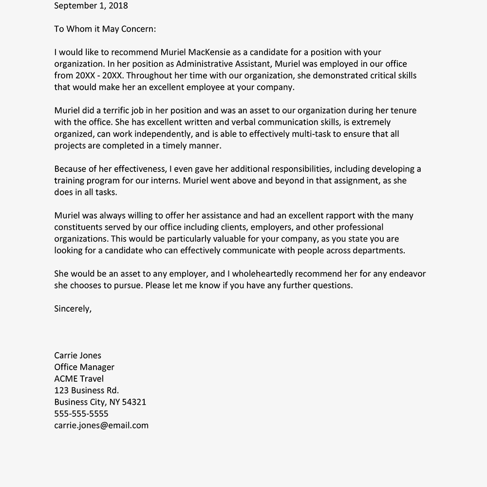 Sample Reference Letter For An Employee regarding proportions 1000 X 1000