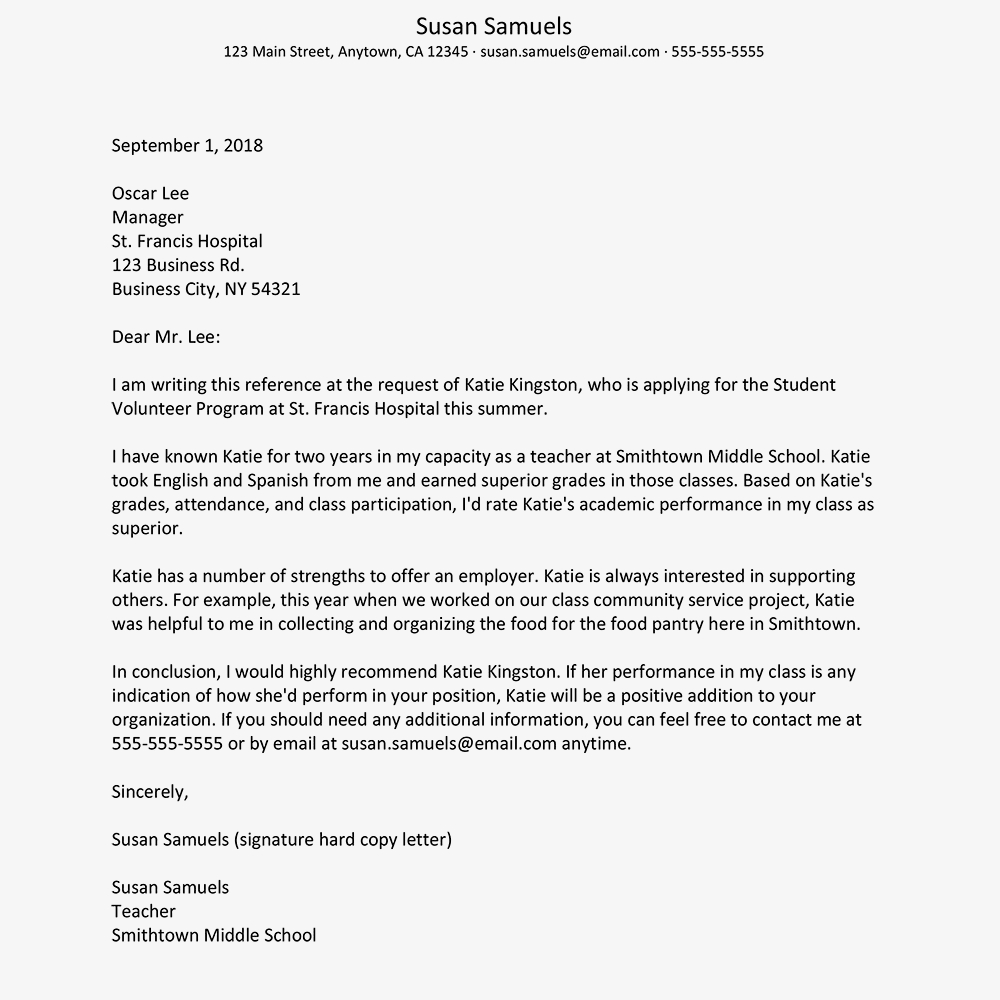 Sample Reference Letter From A Teacher for sizing 1000 X 1000