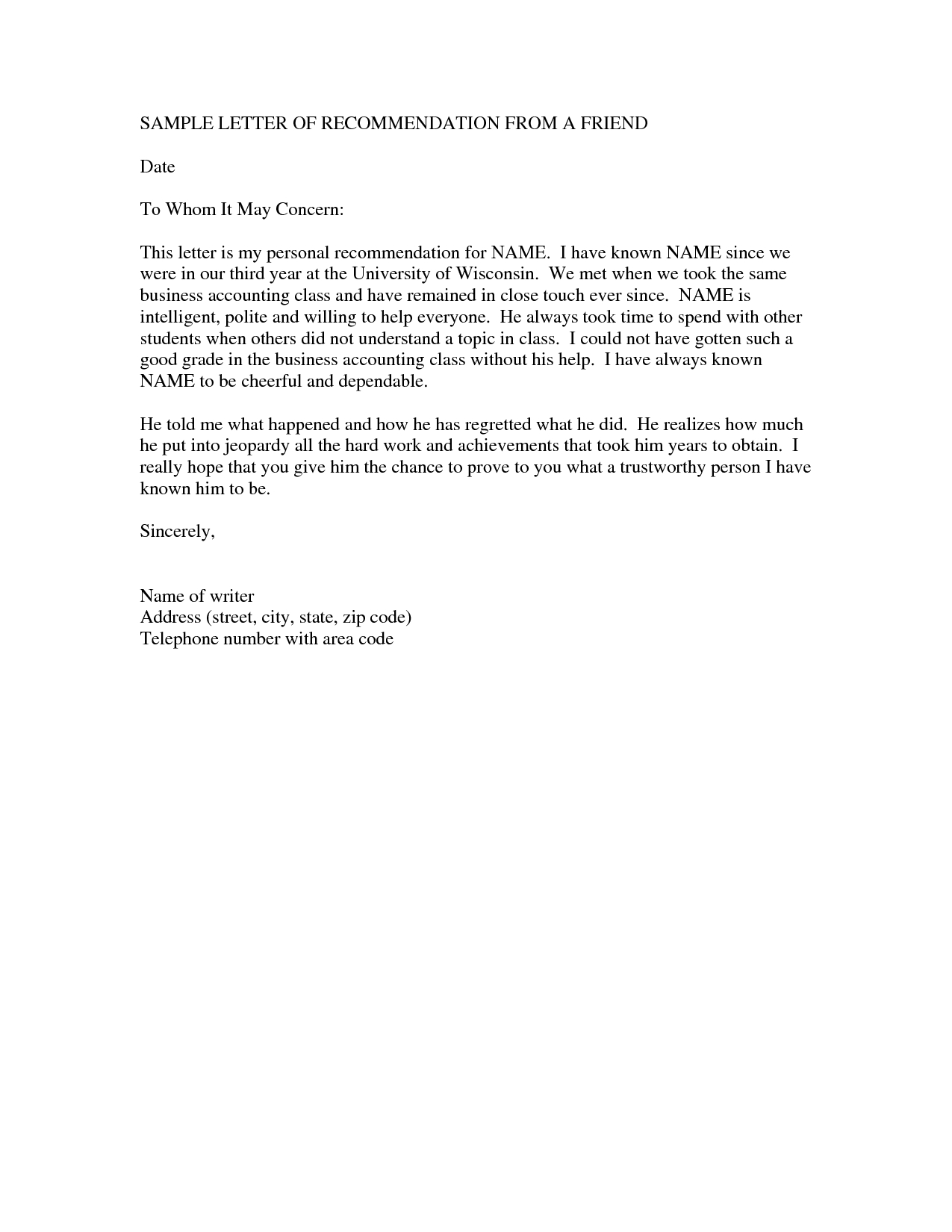 Letter Of Recommendation For A Friend Template