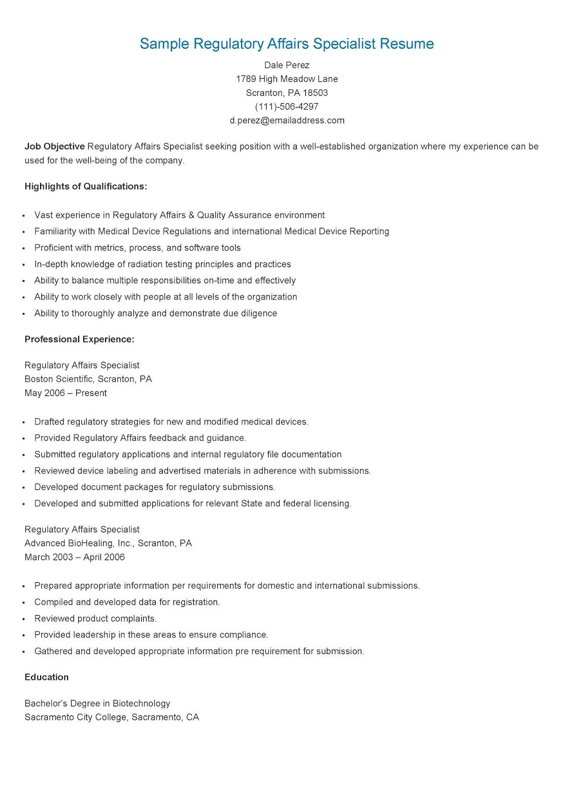 Sample Regulatory Affairs Specialist Resume Regulatory for measurements 1131 X 1600