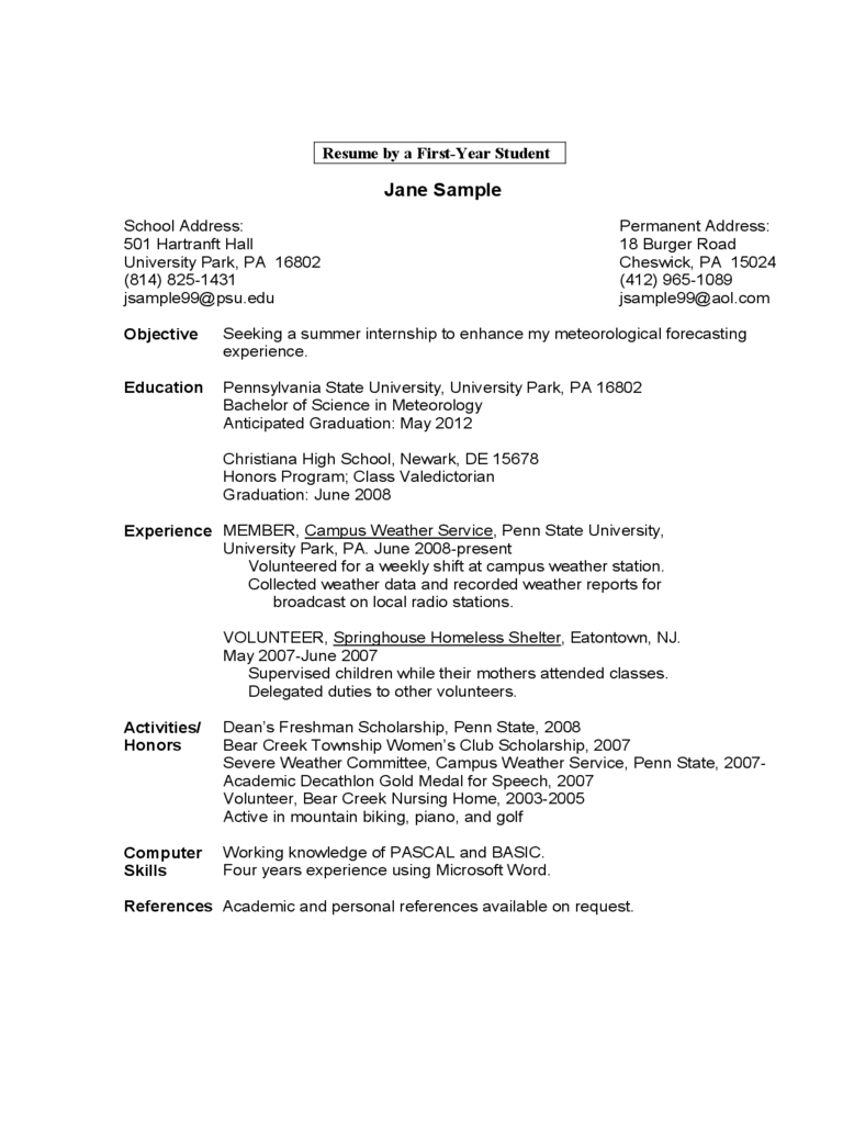 Sample Resume A First Year Student Edit Fill Sign in size 768 X 1024