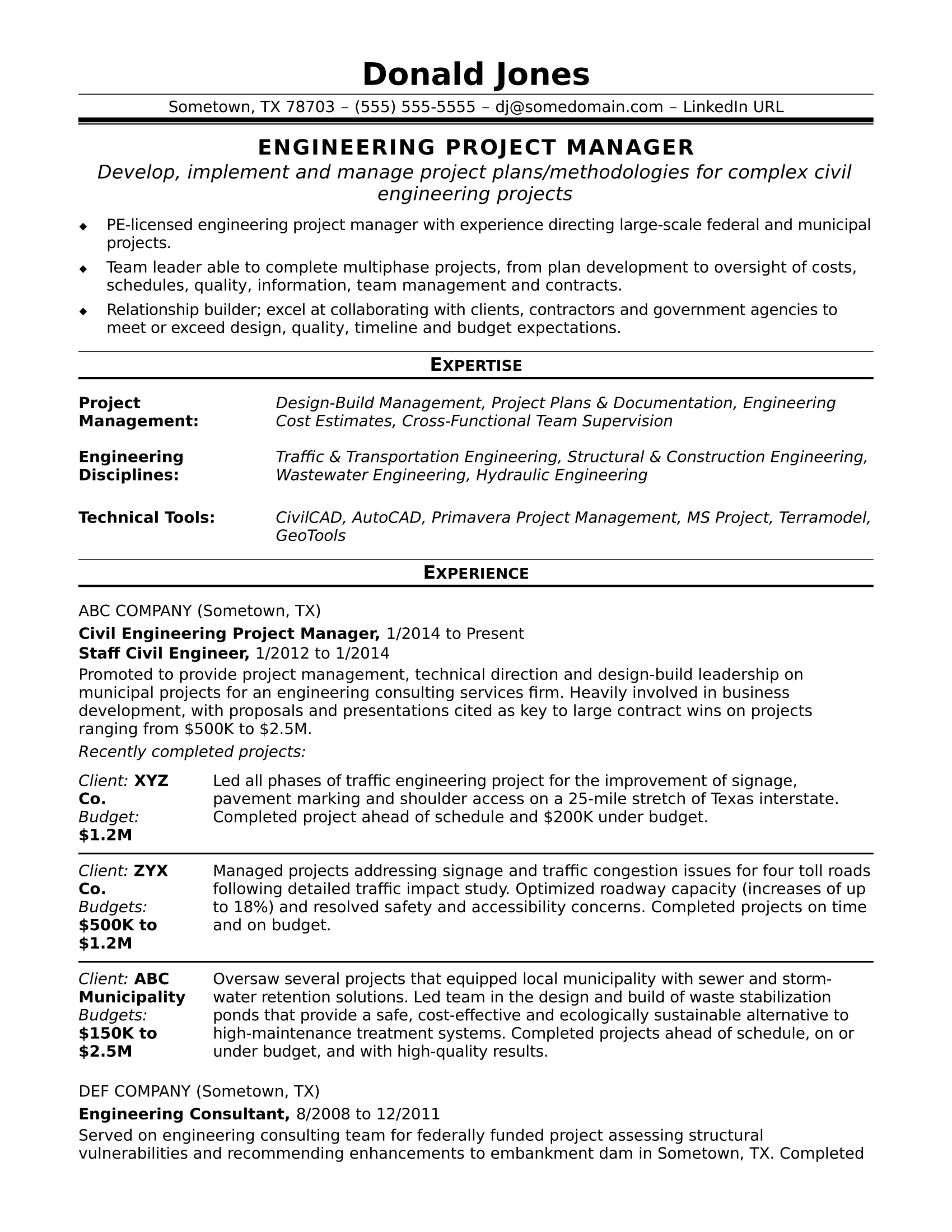 Sample Resume For A Midlevel Engineering Project Manager with proportions 1700 X 2200
