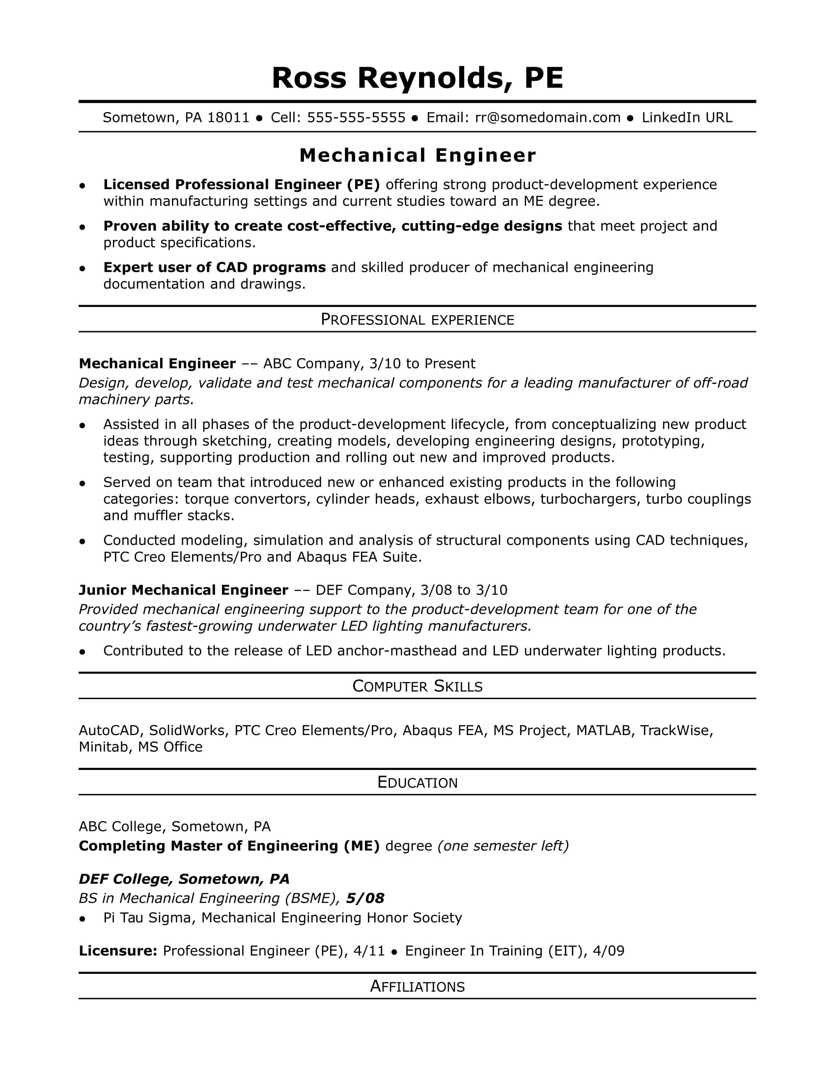 Sample Resume For A Midlevel Mechanical Engineer Monster pertaining to sizing 1700 X 2200