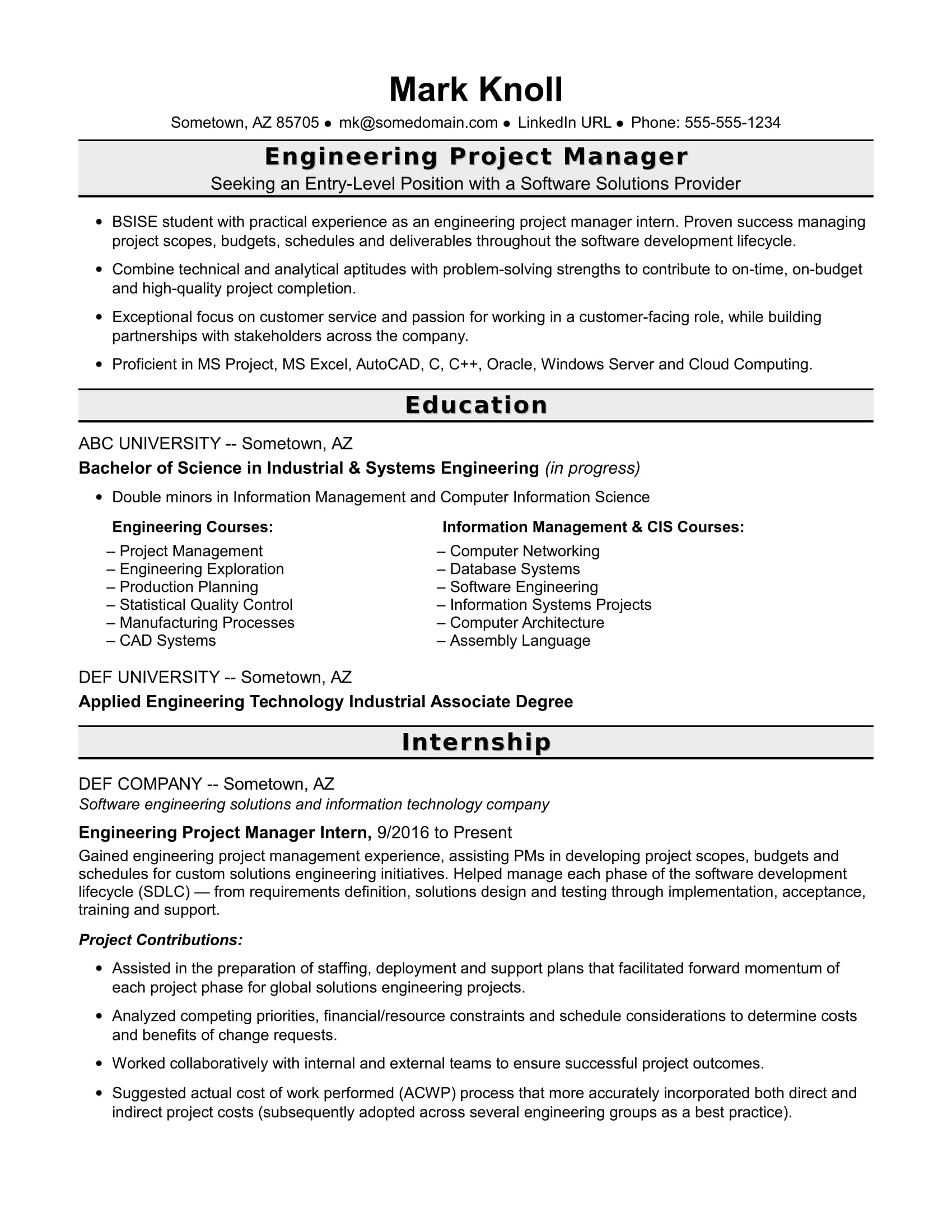 entry level project manager resume