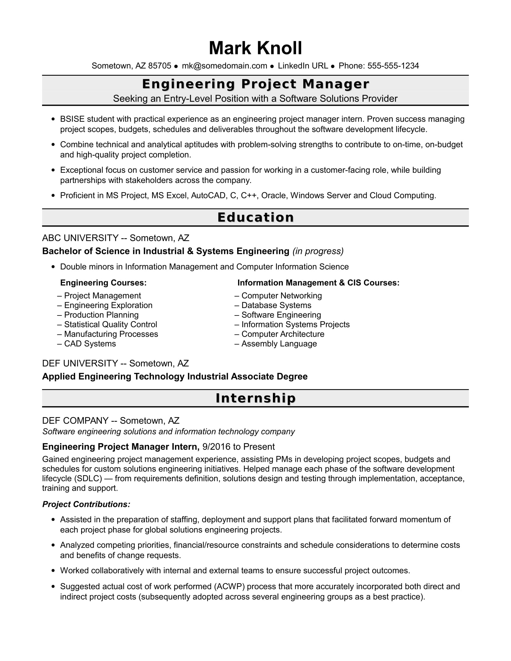 Sample Resume For An Entry Level Engineering Project Manager with size 1700 X 2200