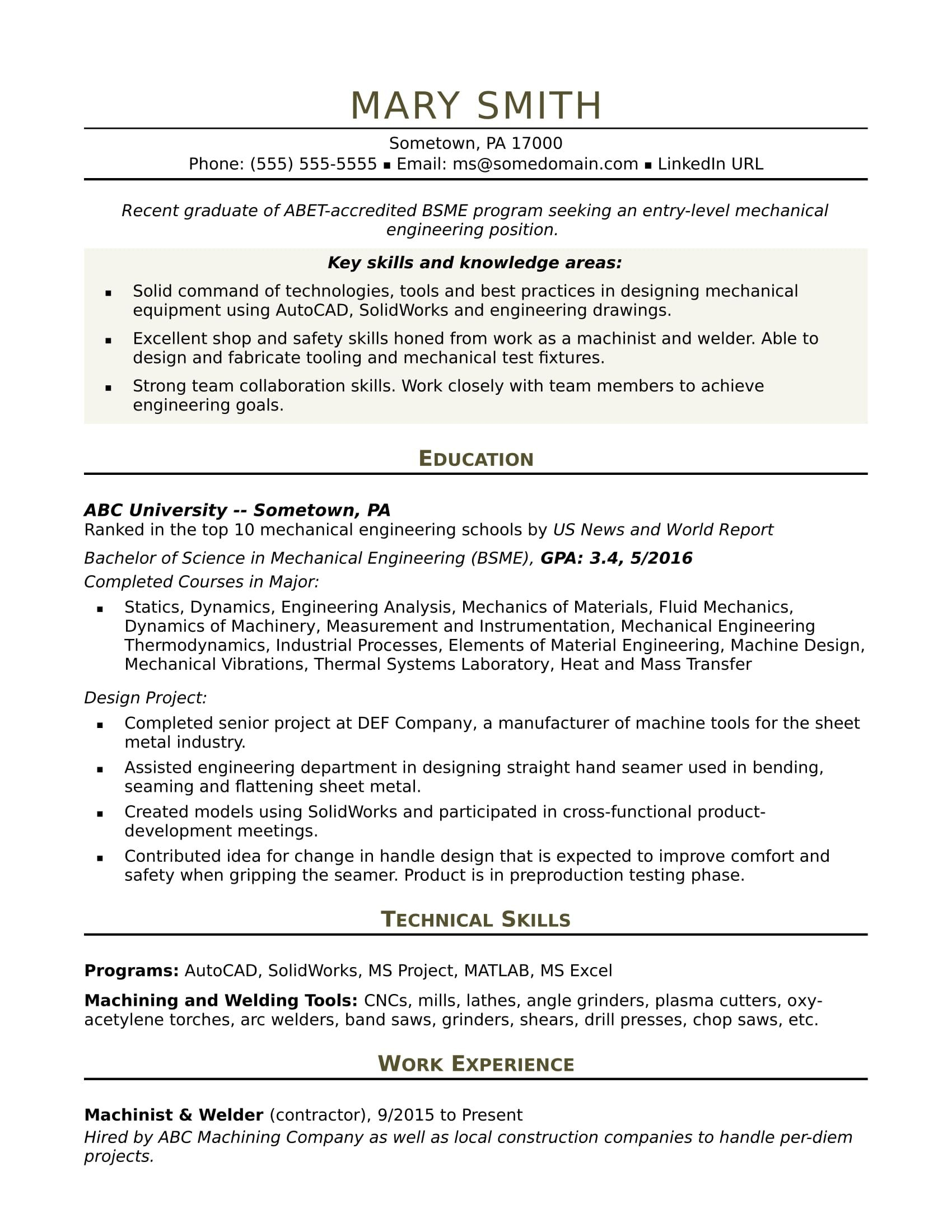 Sample Resume For An Entry Level Mechanical Engineer throughout measurements 1700 X 2200