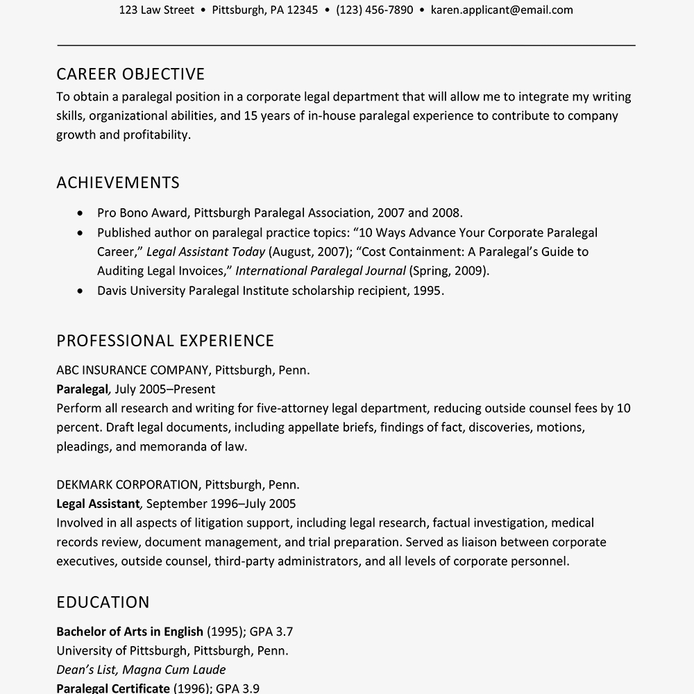 Sample Resume For Experienced Corporate Paralegals in size 1000 X 1000