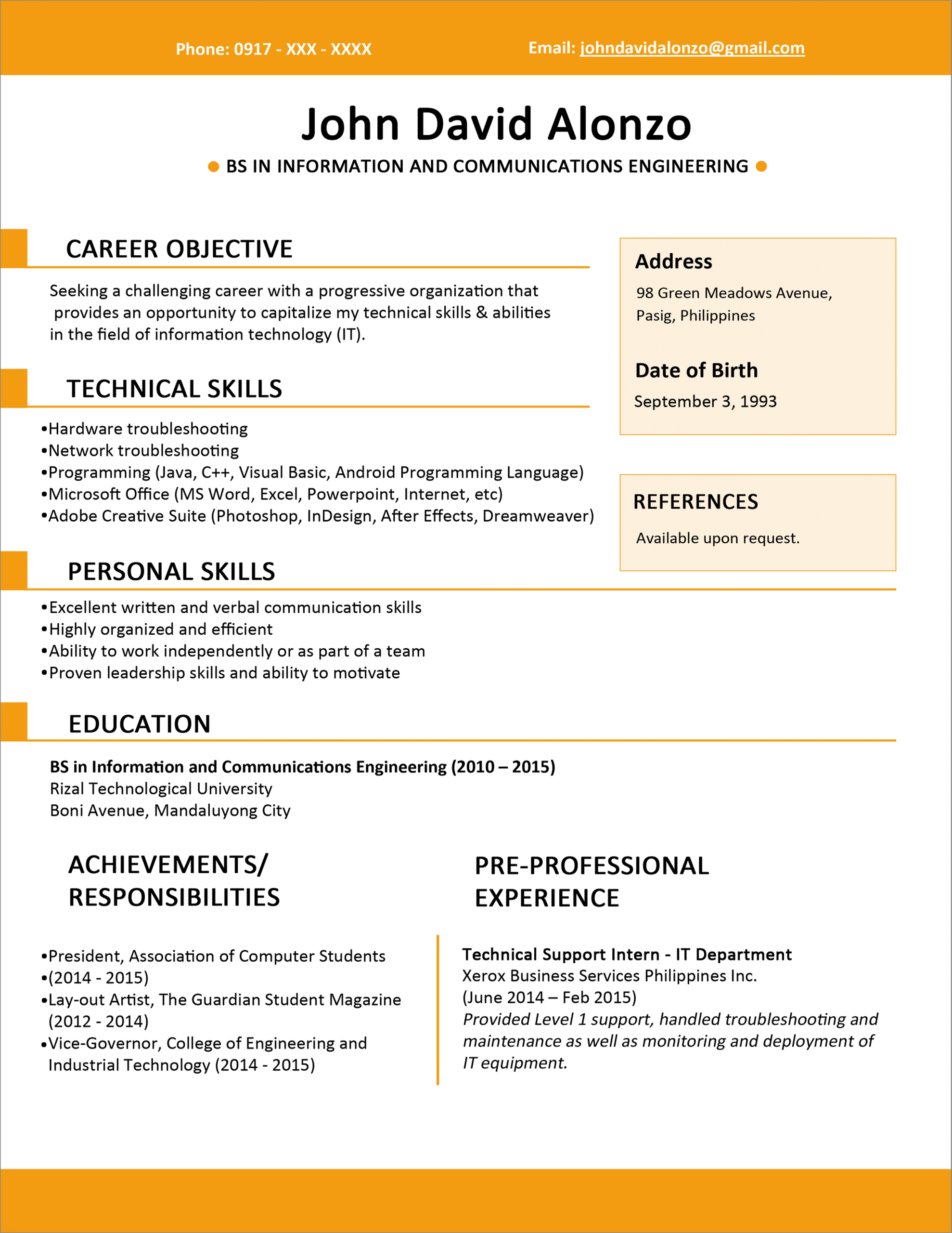 Sample Resume Format For Fresh Graduates One Page Format regarding size 2550 X 3300