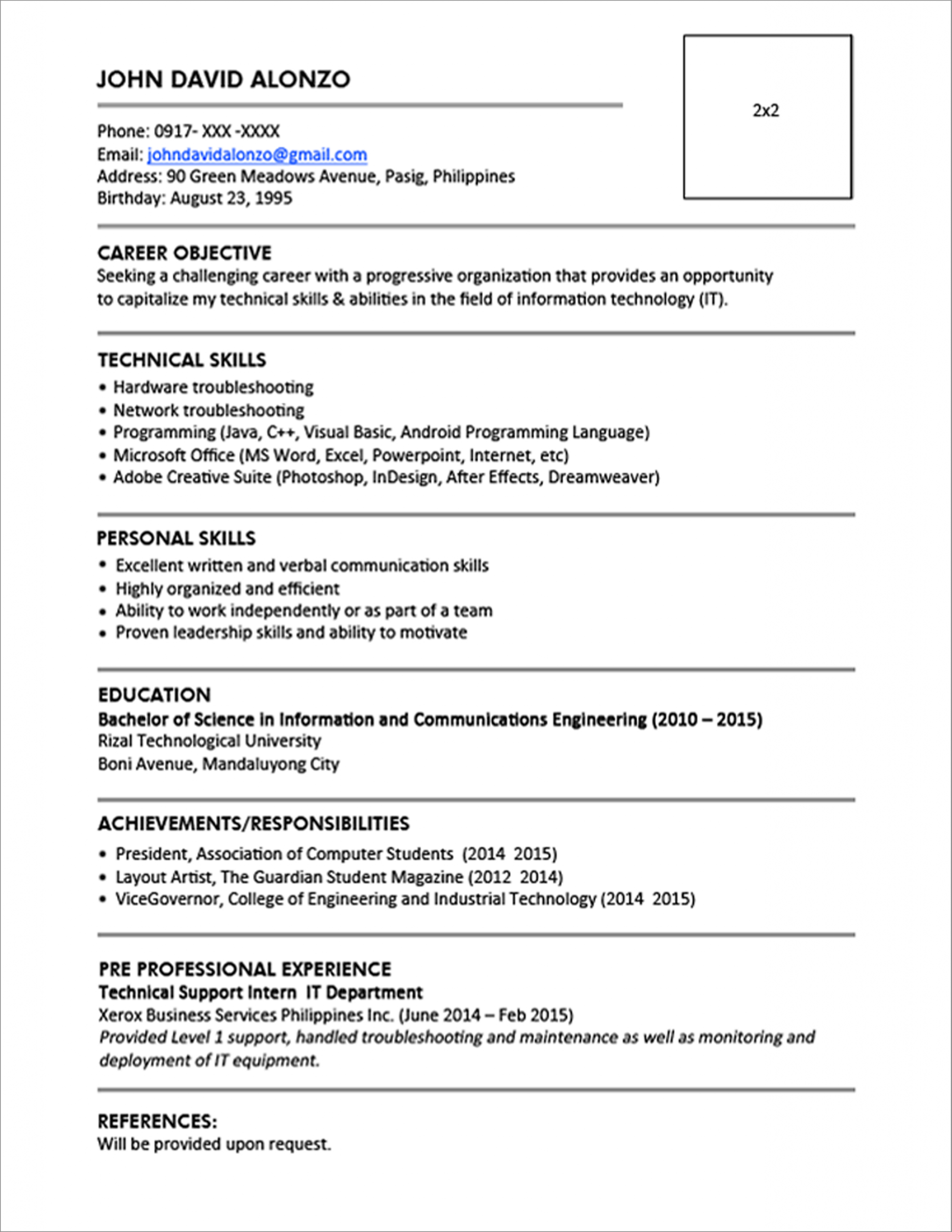 Sample Resume Format For Fresh Graduates One Page Format with regard to proportions 2550 X 3300