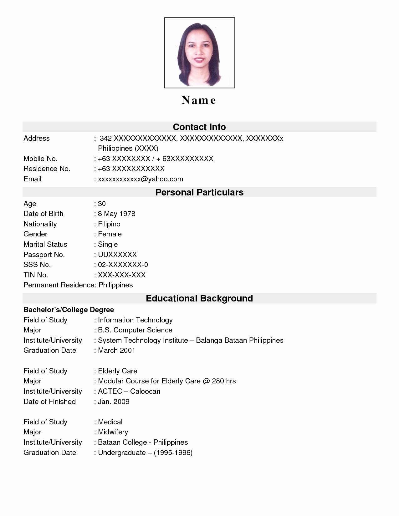 Cv Template For Undergraduate Students