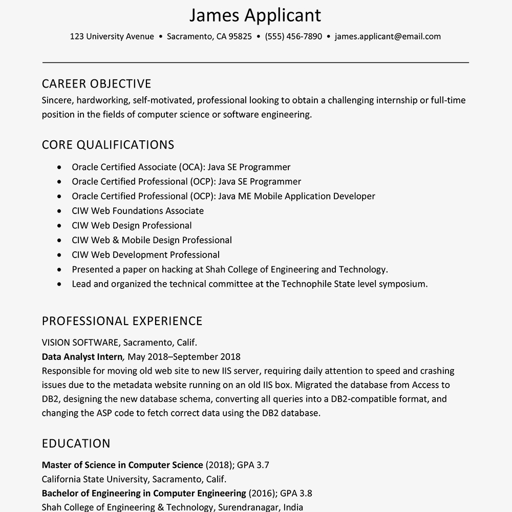 Sample Resume Of Experienced New Grad for size 1000 X 1000