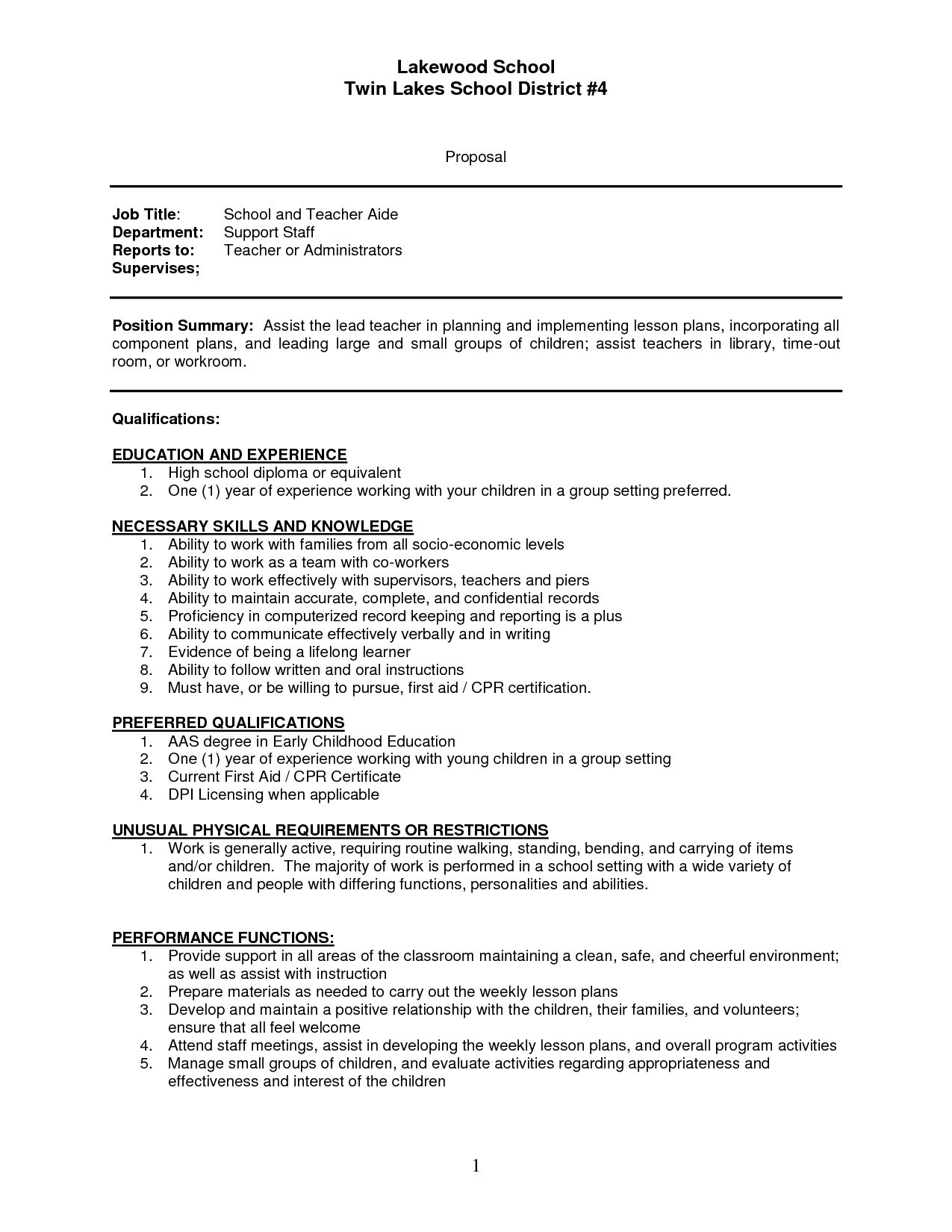 Sample Resume Teachers Aide Assistant Cover Letter Teacher with dimensions 1275 X 1650