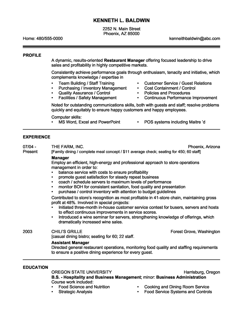 Sample Resume Templates Restaurant Manager Resume Sample with measurements 800 X 1035
