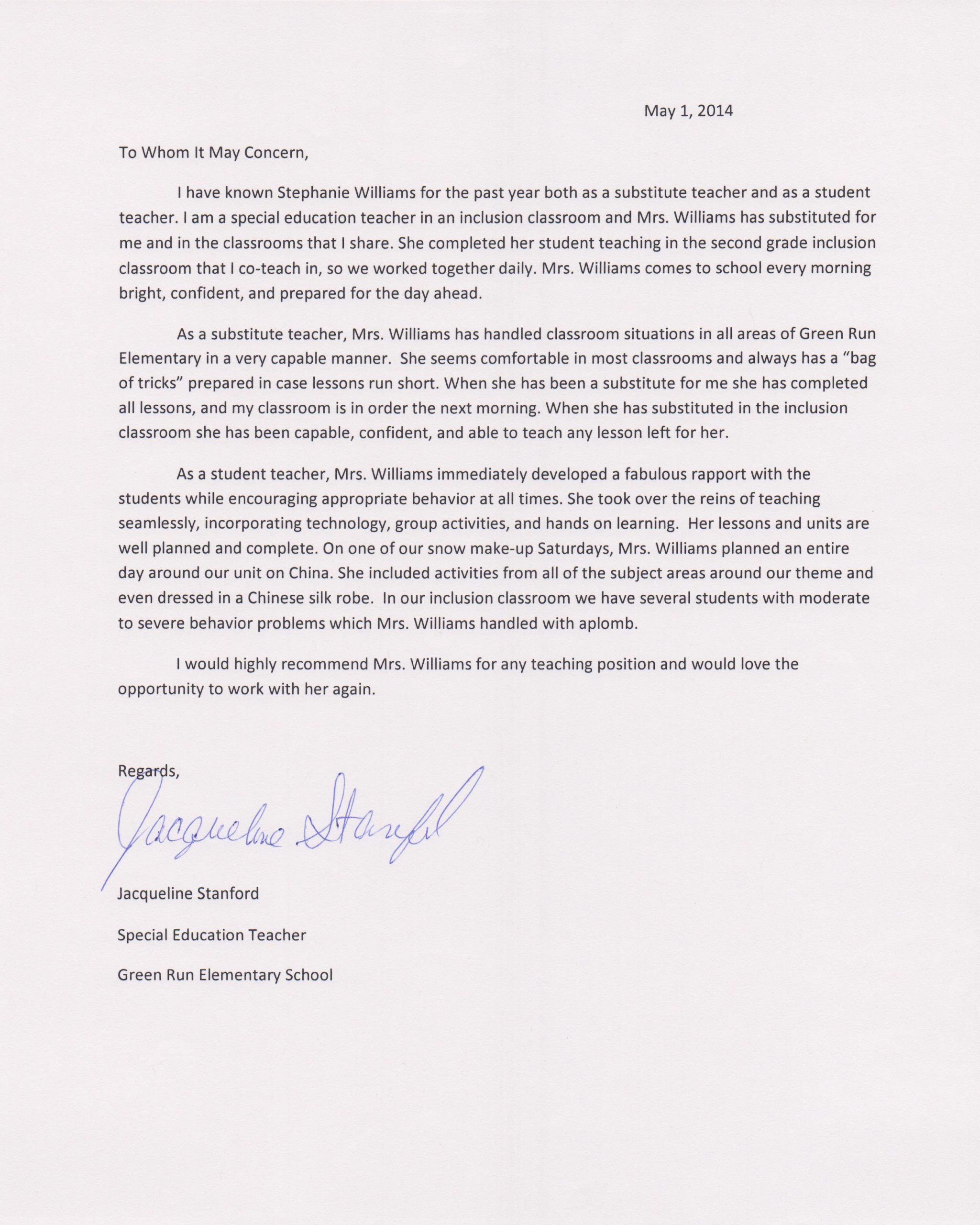 letter of recommendation for special education teacher