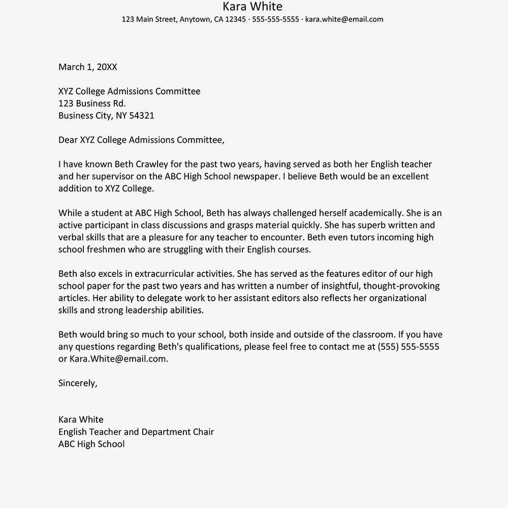 Sample Teacher Recommendation Letter For College Admission inside dimensions 1000 X 1000