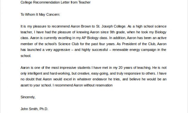 Sample Teacher Recommendation Letter For College Admission throughout size 585 X 485