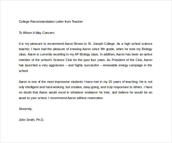 Sample Teacher Recommendation Letter For College Admission throughout size 585 X 485