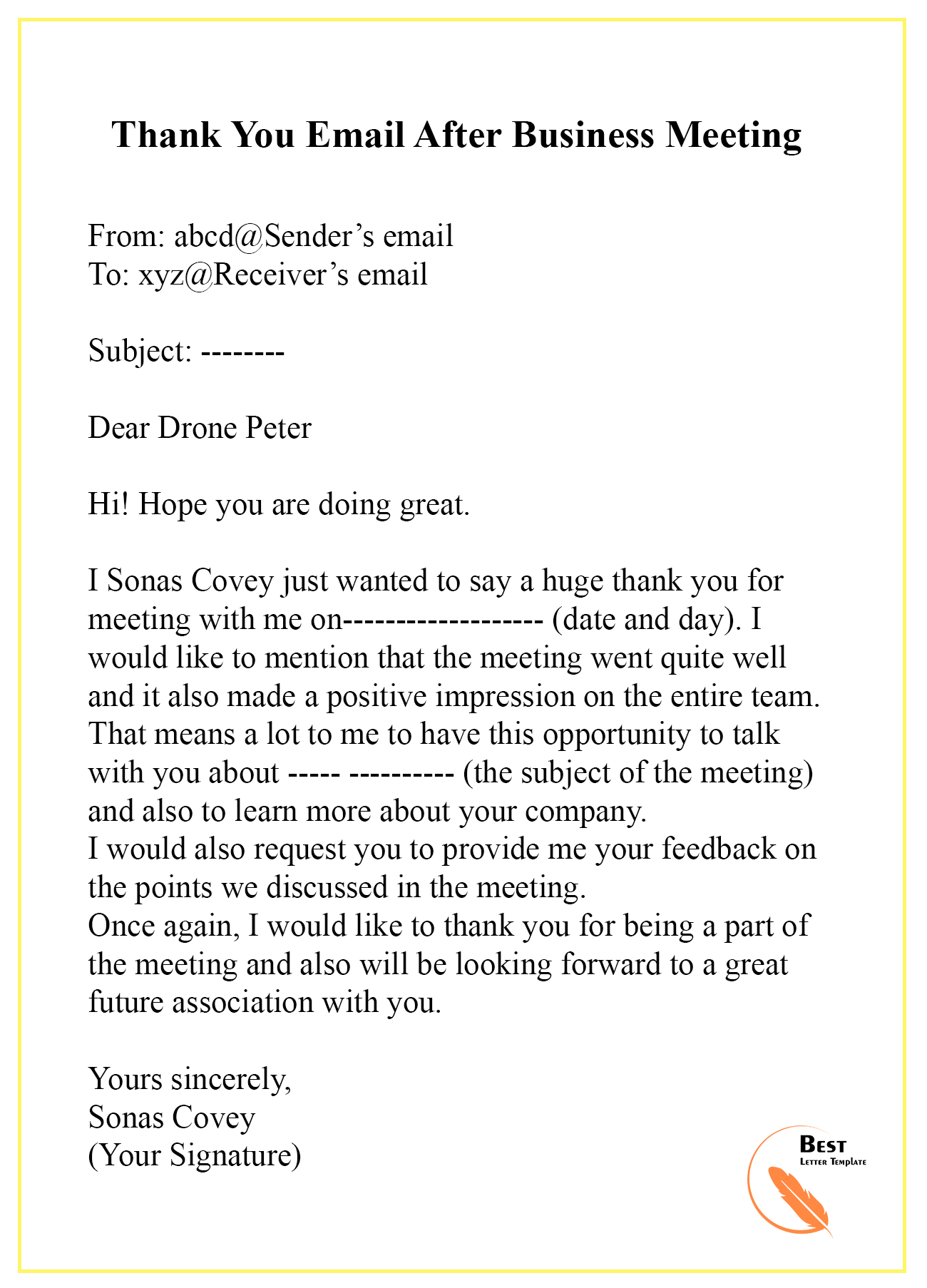 Sample Thank You Email After Business Meeting Best Letter with regard to size 1300 X 1806